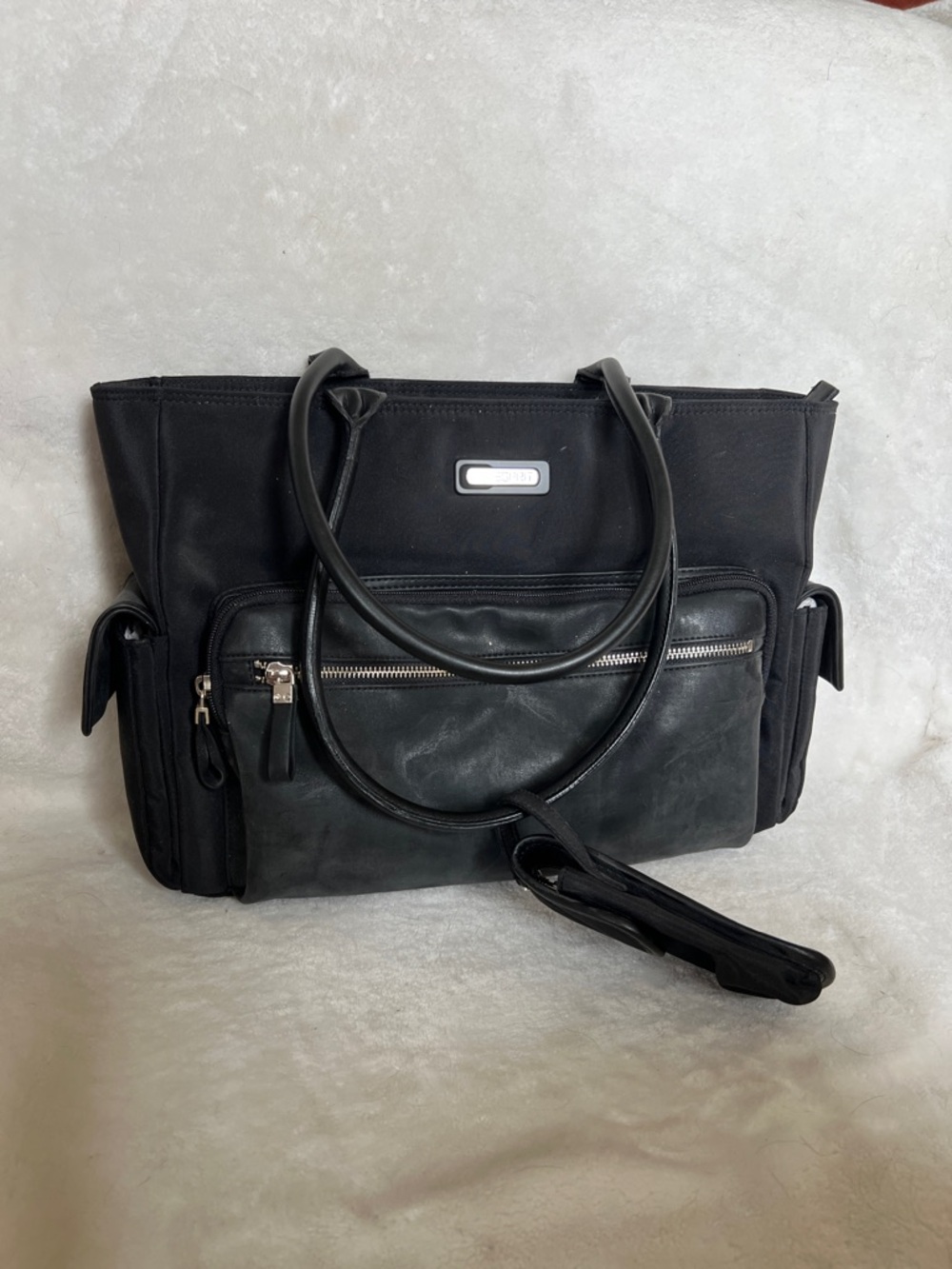 Esprit Black Leather-Trim Tote with Front Zip Pocket